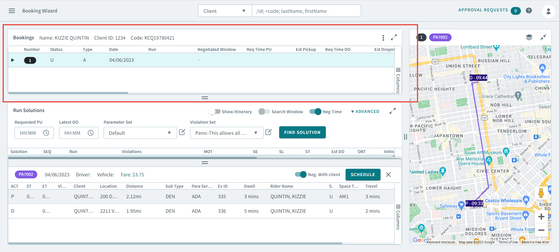 The Client Booking Info grid