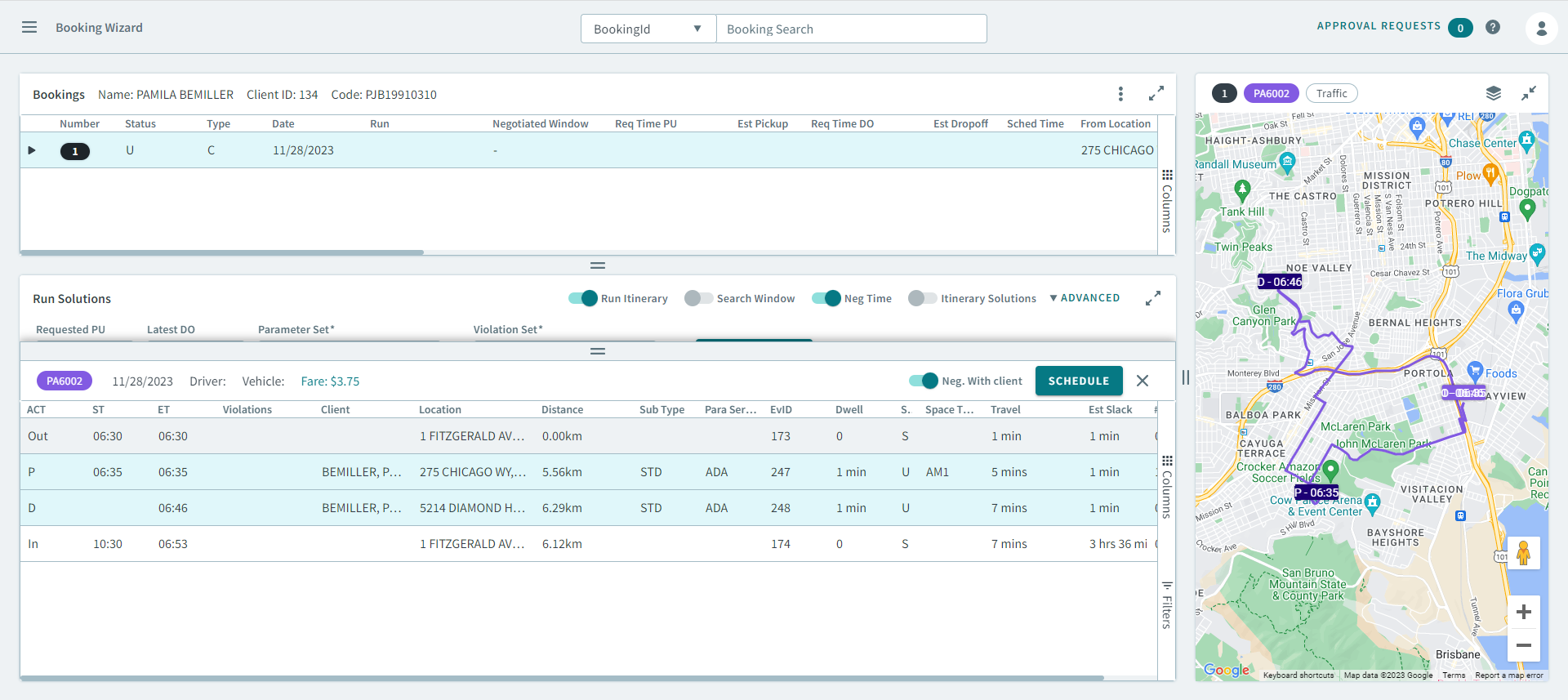 Itinerary Solution expanded showing the Schedule button