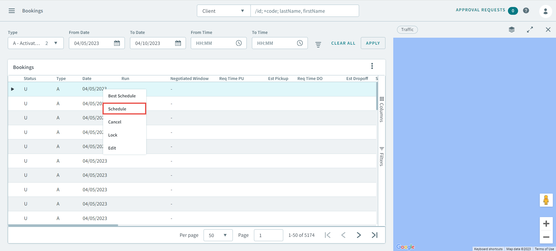 In the Bookings page, right-clicking a booking to open the pop-up menu, and then selecting Schedule.