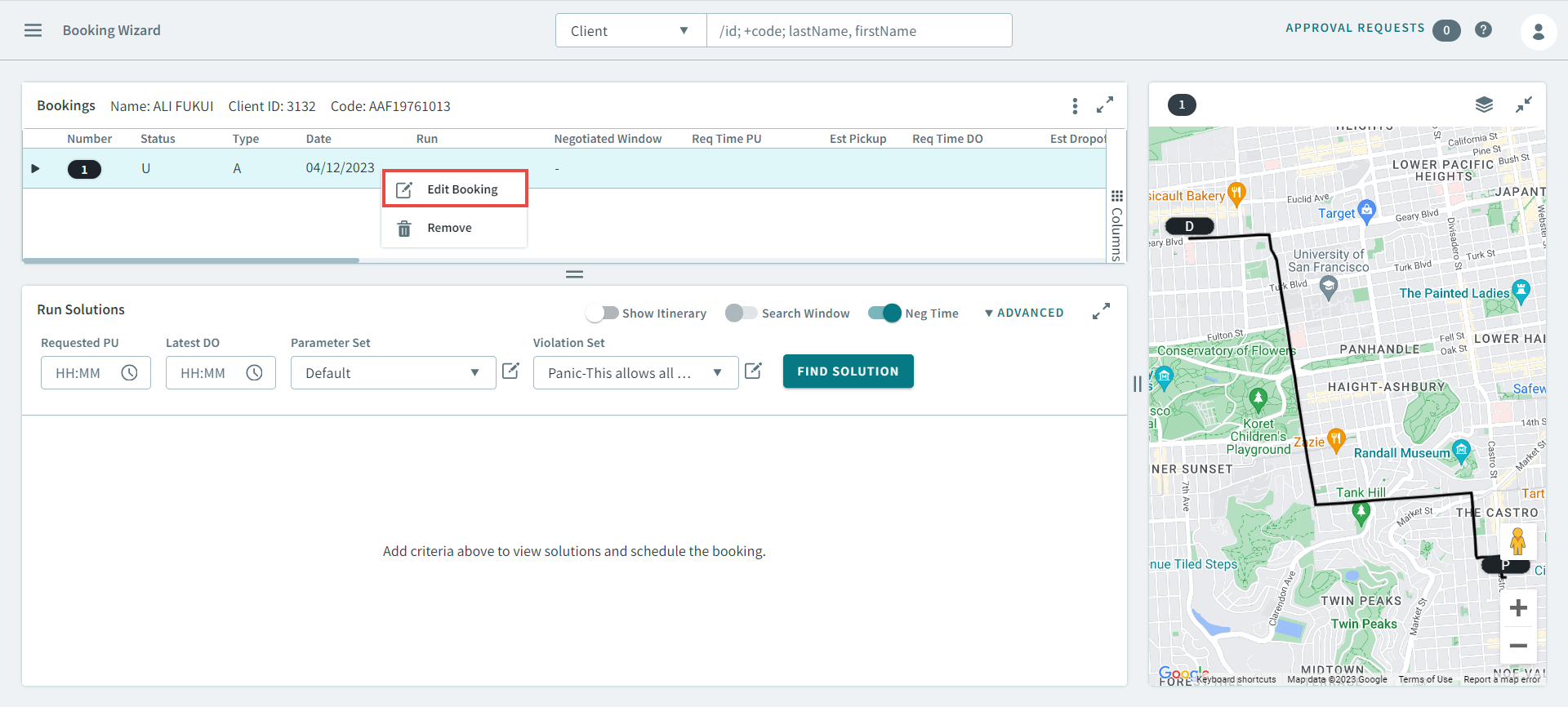 Selecting Edit Booking from the pop-up window when right-clicking a booking in Booking Wizard