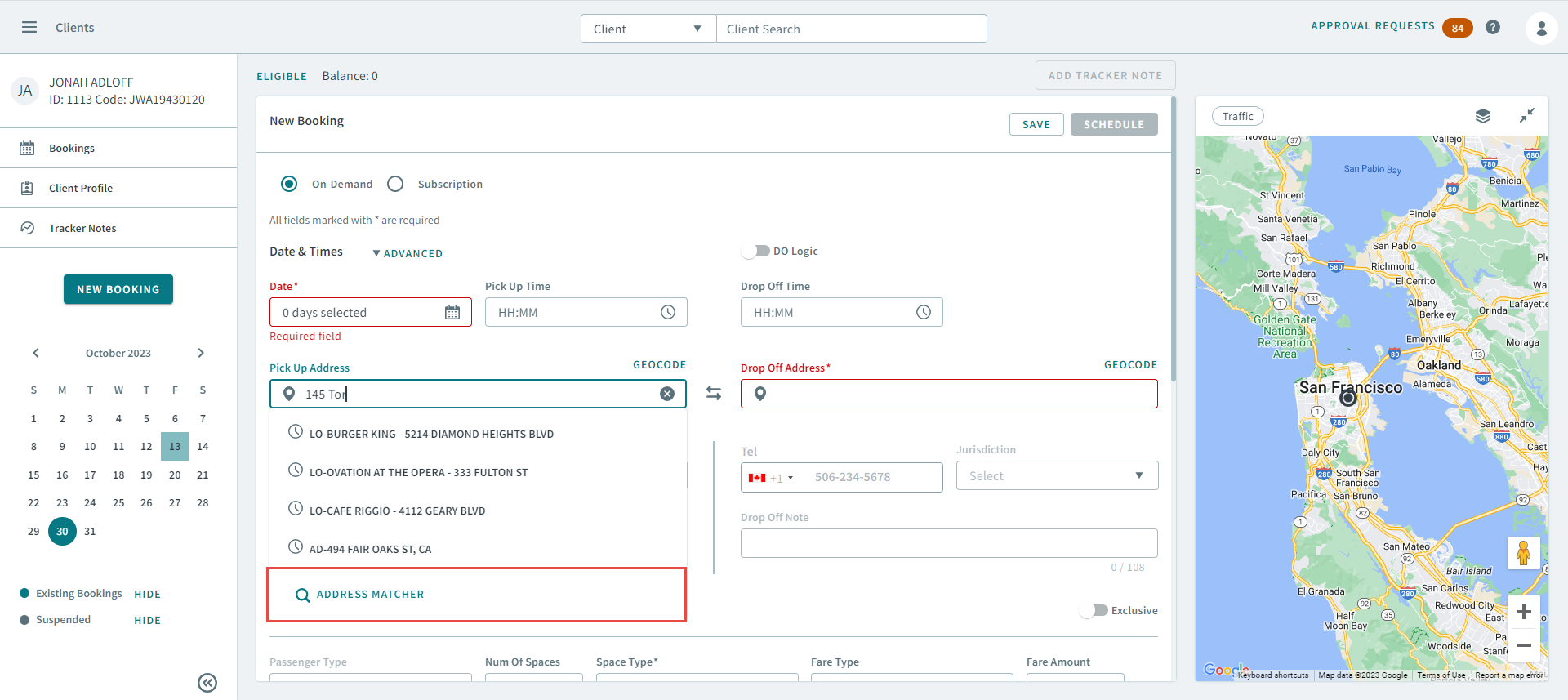 The Address Matcher button highlighted by a red rectangle.