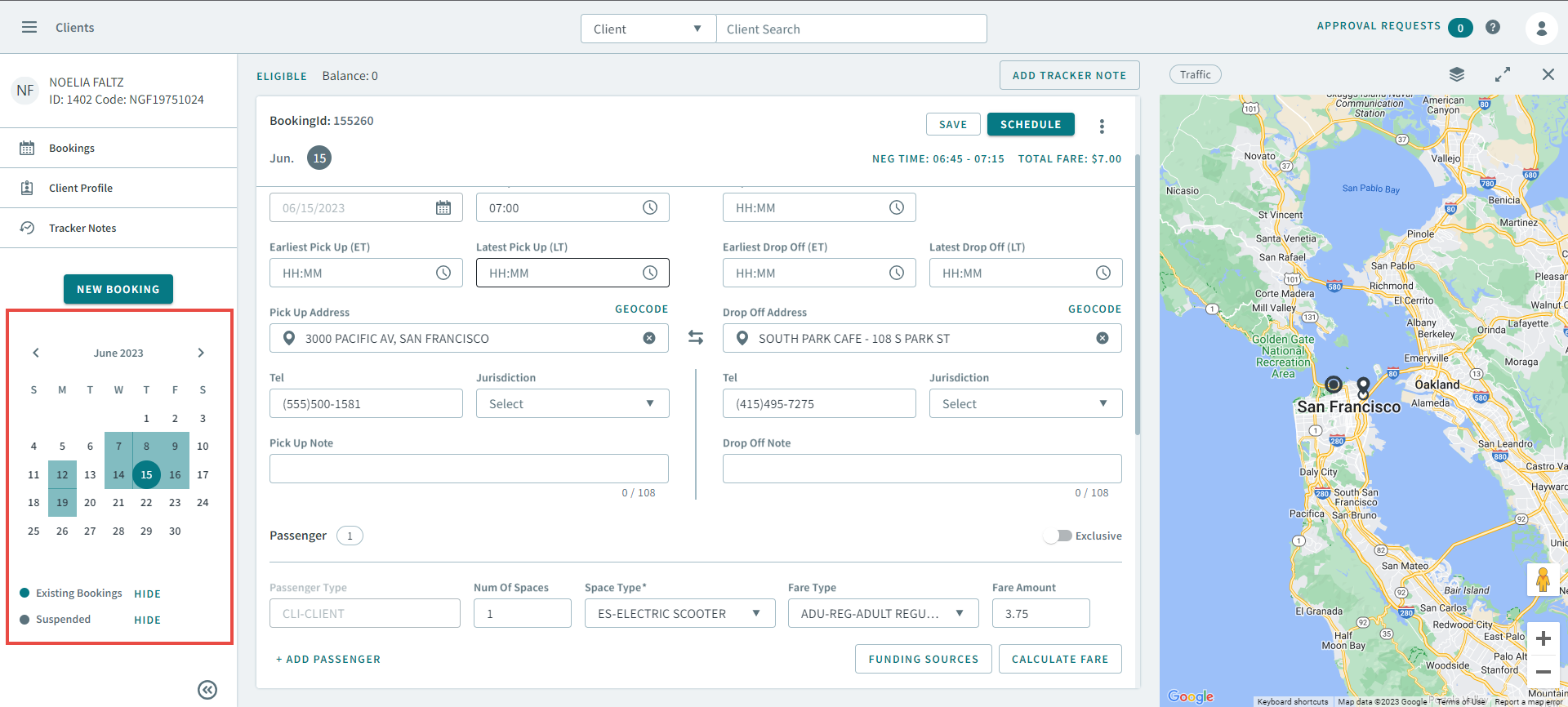 A booking with the calendar on the side pane highlighted by a red square.