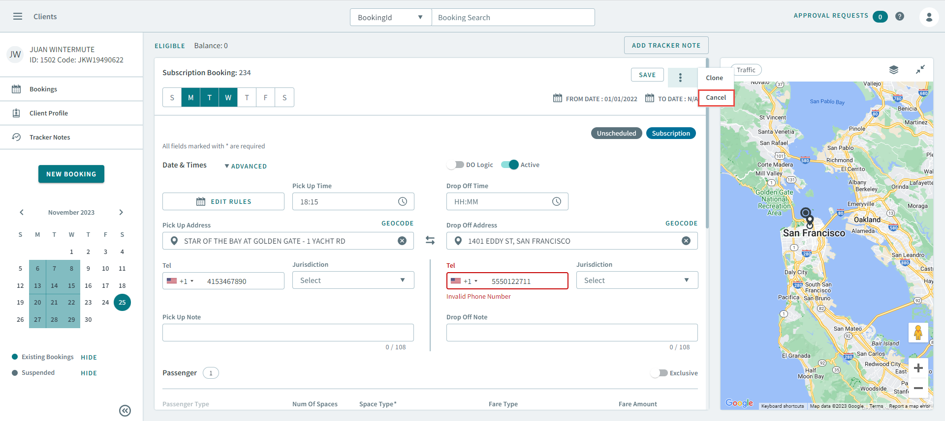Cancel selected from the three-dots pop-up men in the top-right corner of the booking