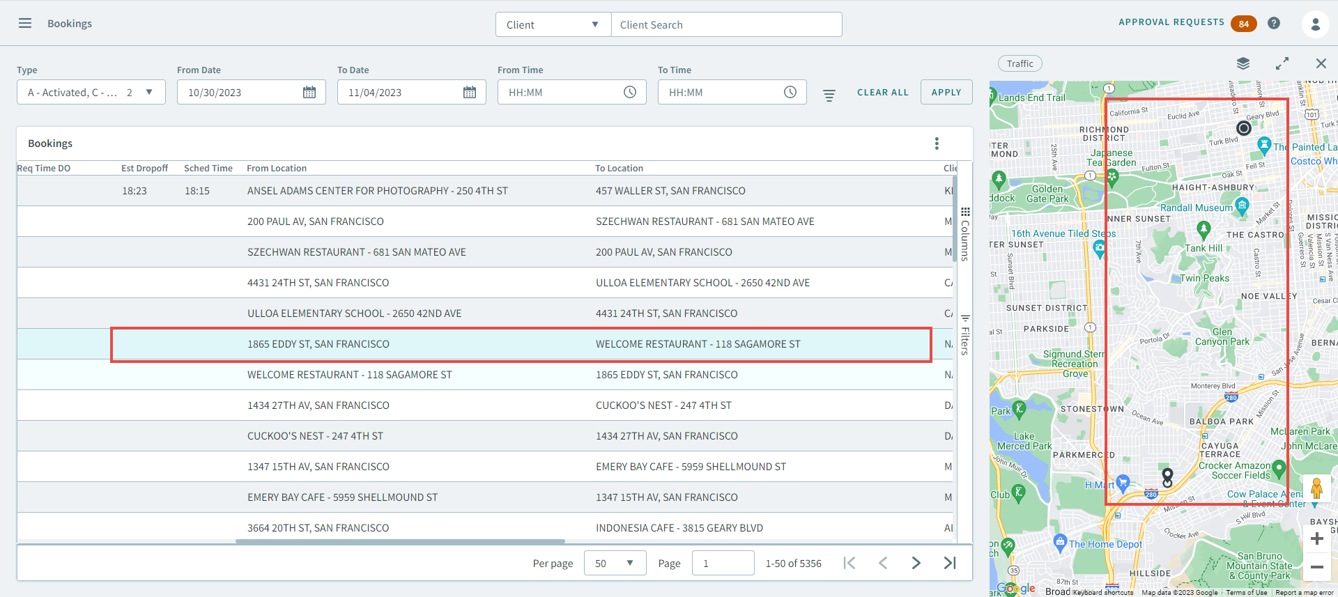 Red rectangles highlighting how the booking is visualized on the map