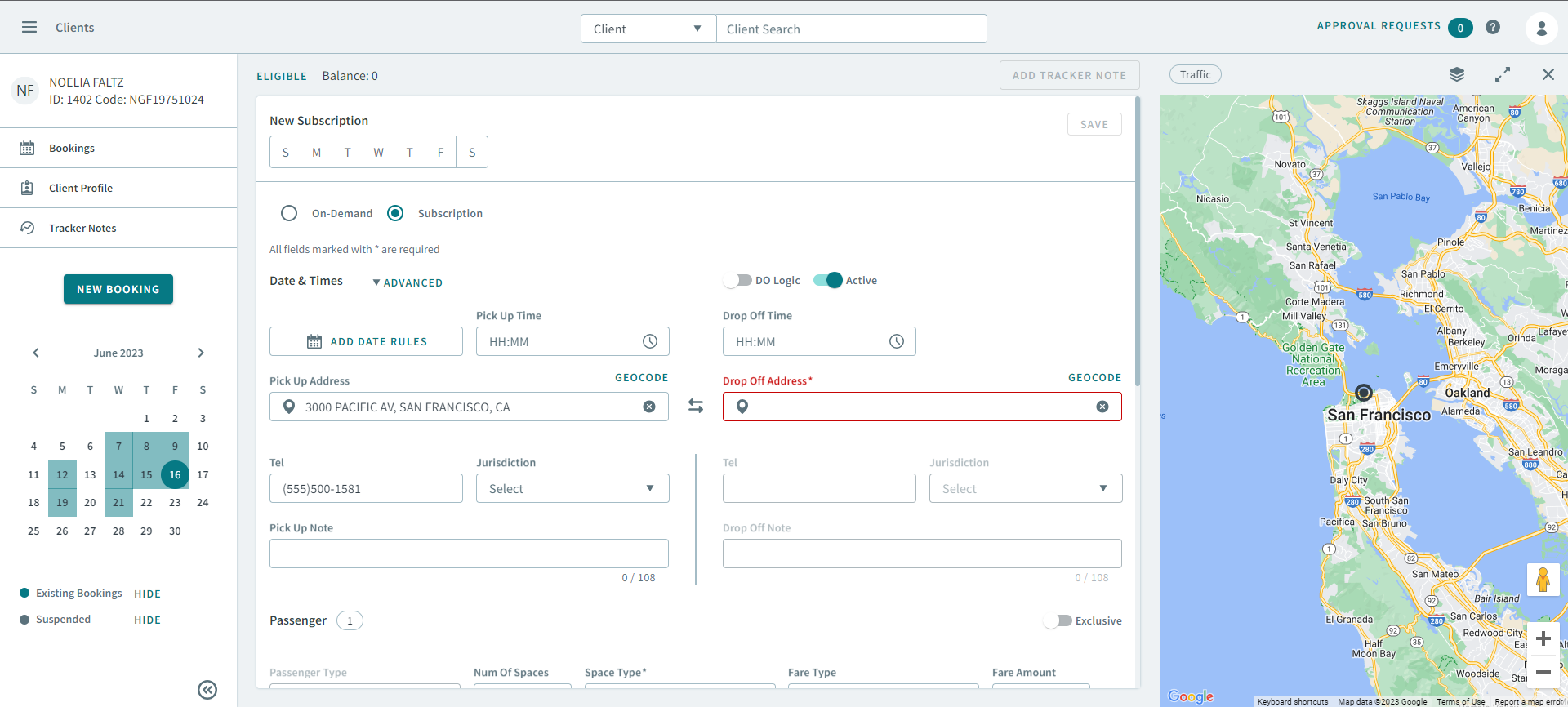 The subscription option selected for a new booking.