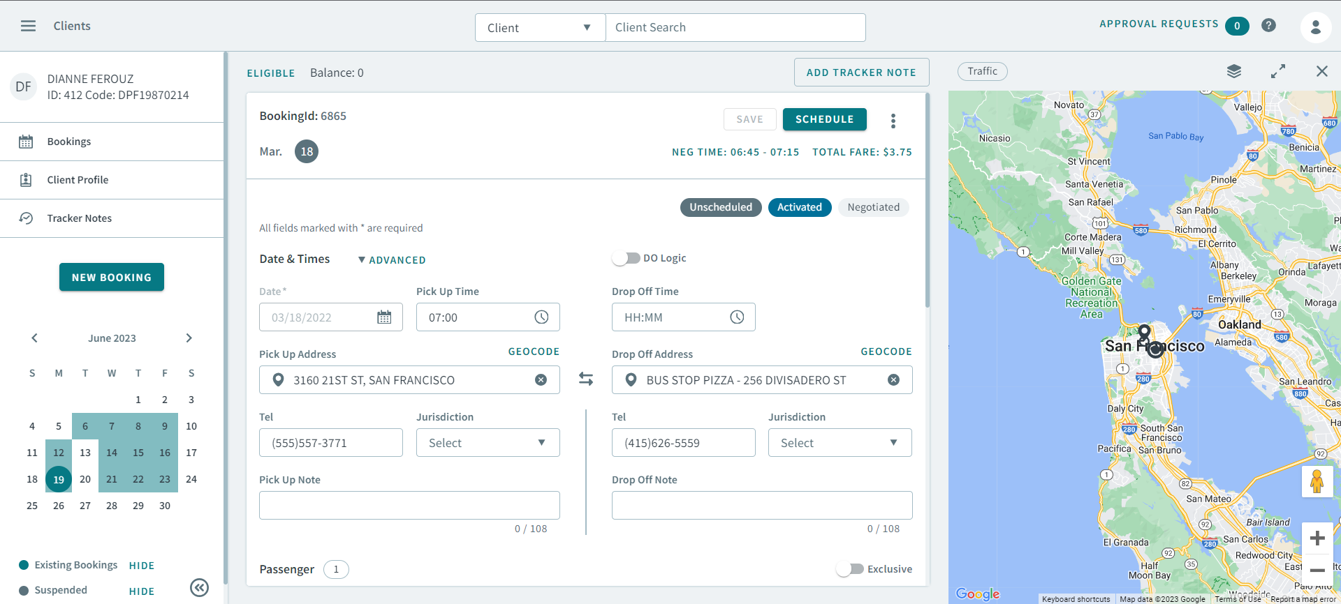 The booking page of a client profile