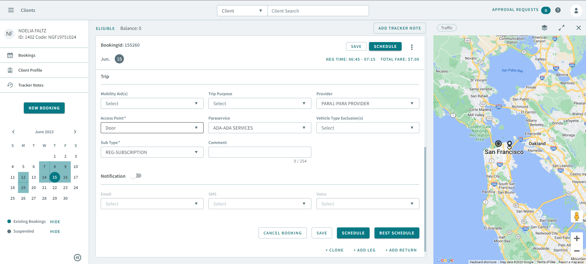The Trip section in the Bookings Page.