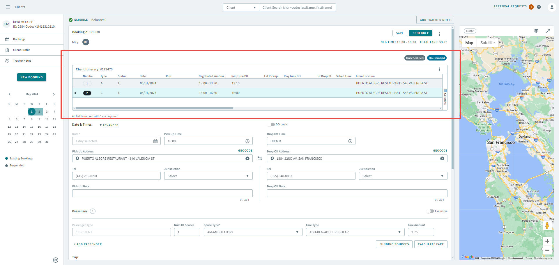 A red rectangle highlighting the Client Trip Itinerary Grid
