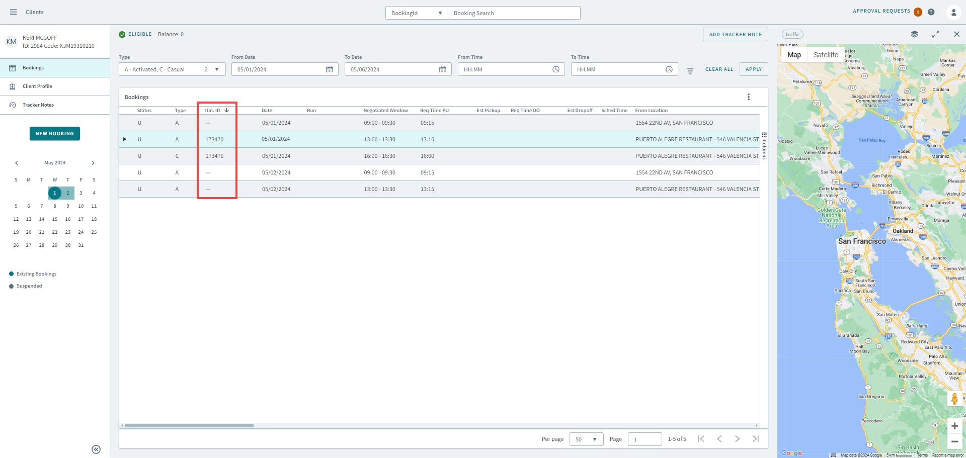 The Itineary Column highlighted by a red rectangle.