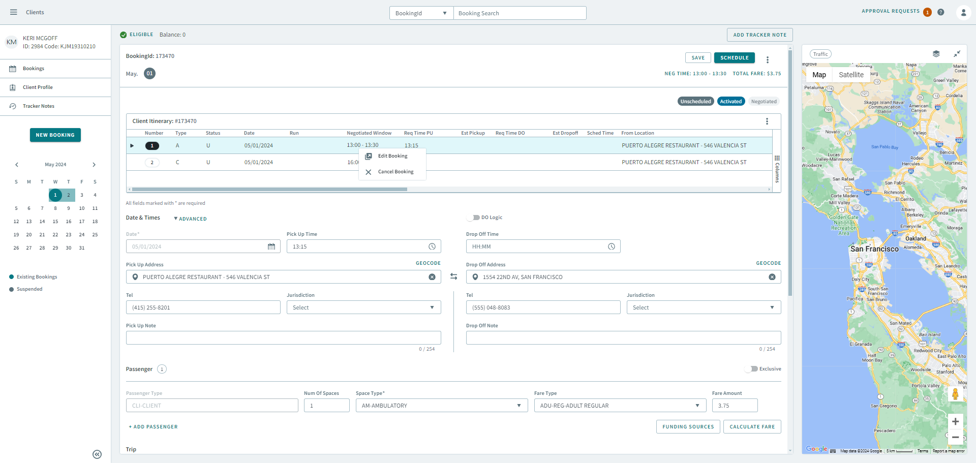 A shorcut menu from a Client Itinerary