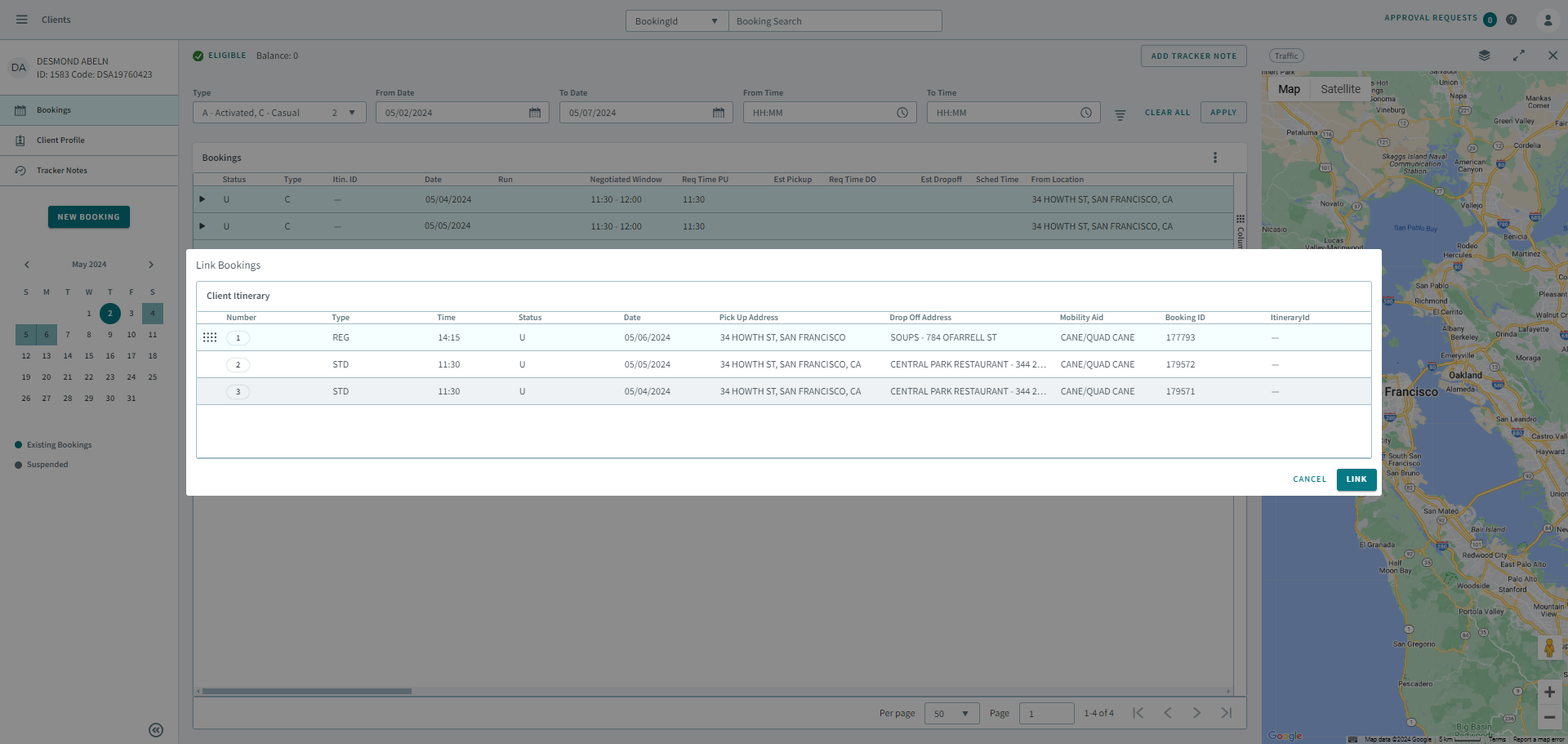 The Link Bookings pop-up window