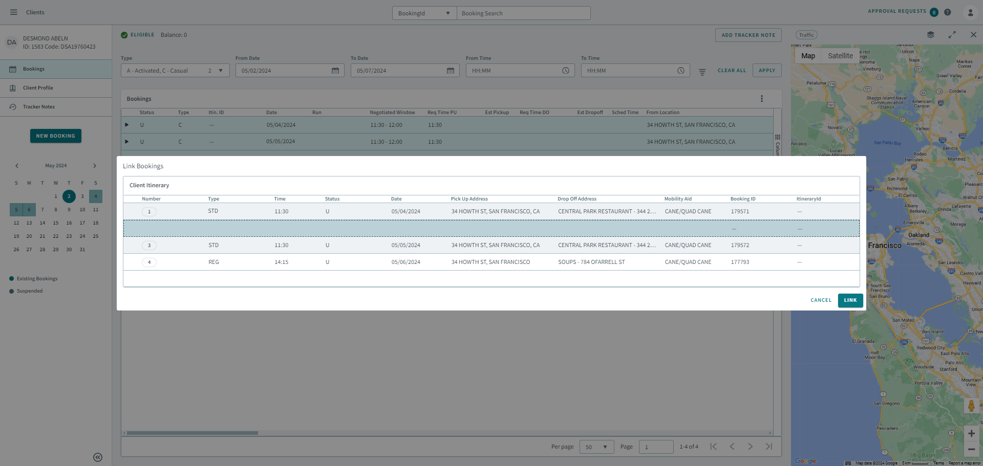 A highlighted box showing the position of where the booking will be moved to.