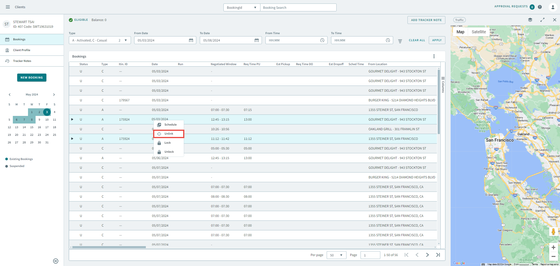 A red rectangle highlighting the Unlink option in the shortcut menu