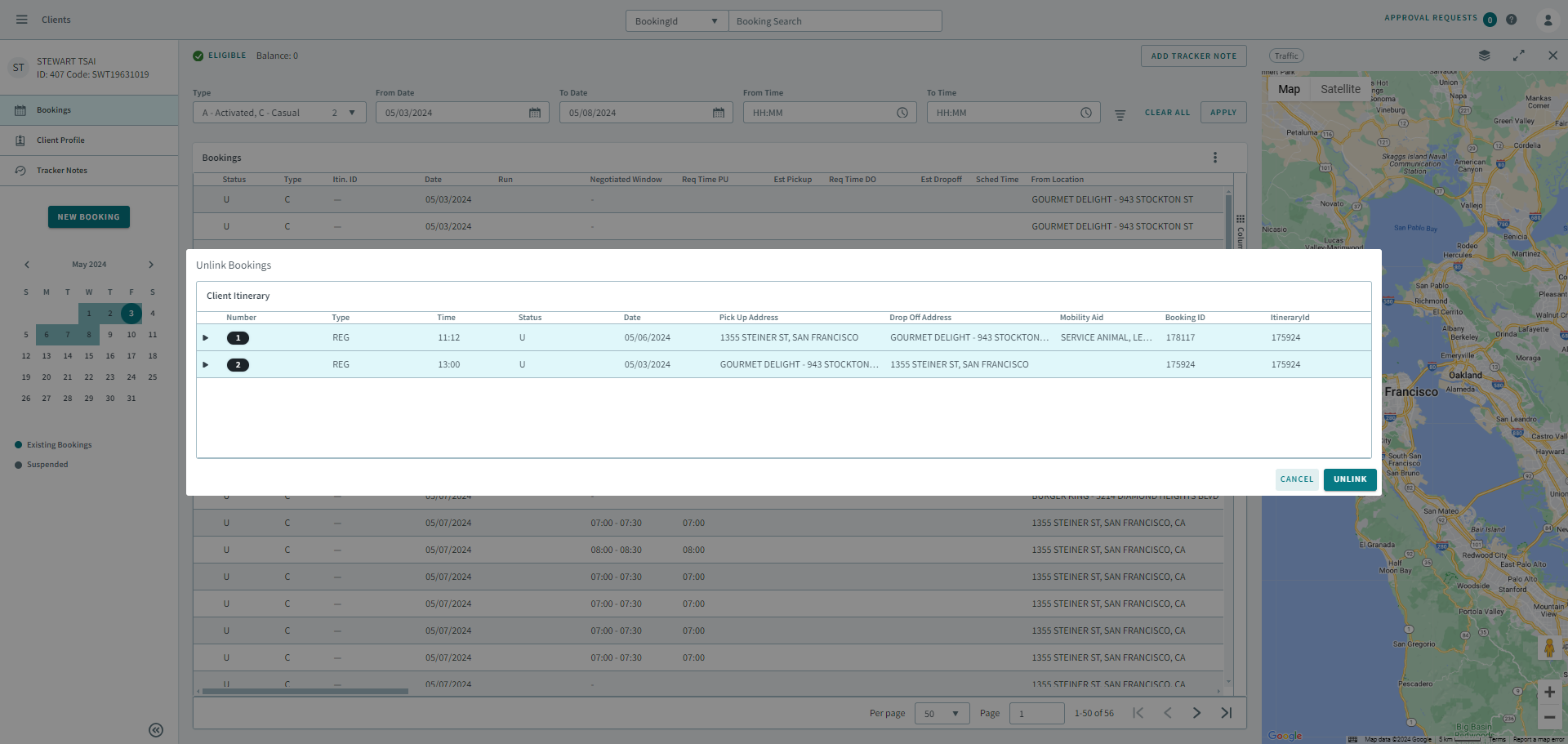The Unlink Bookings popup window