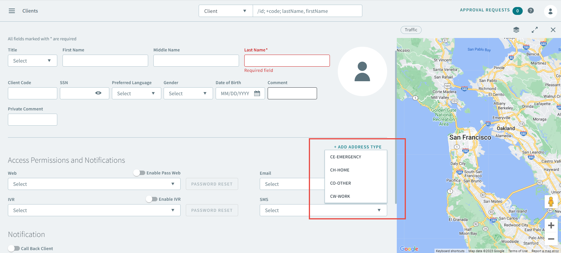 The Add Address Type dropdown list with address types highlighted by a red rectangle
