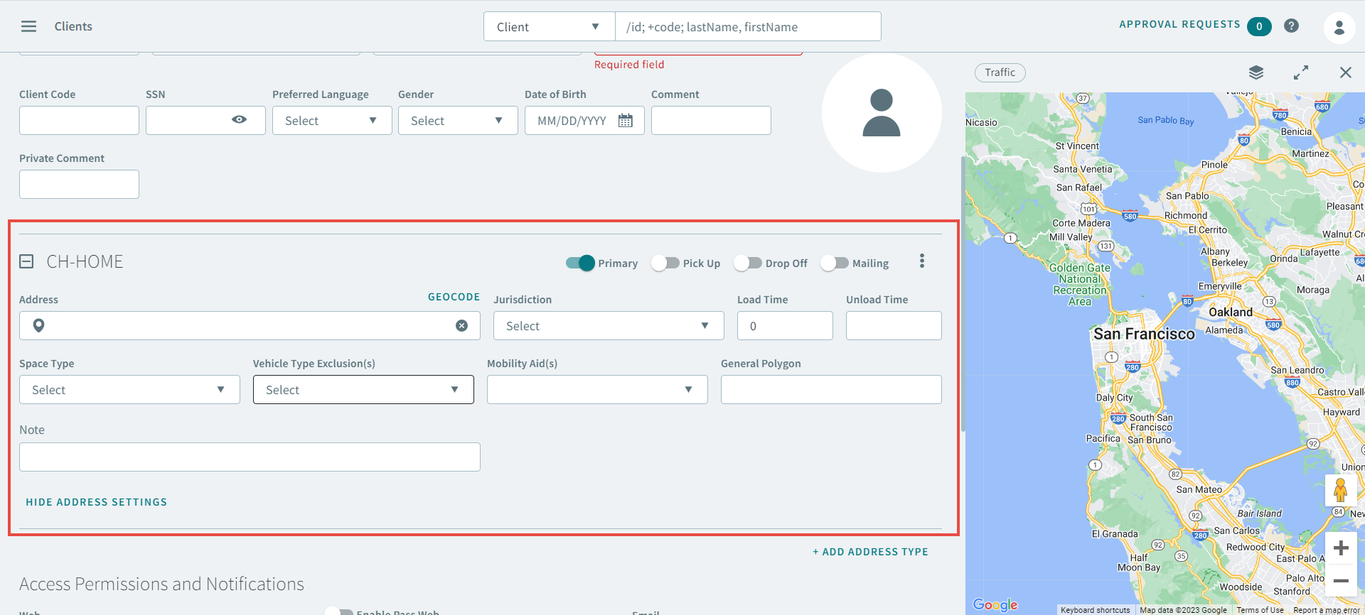 An address type appears in the client profile