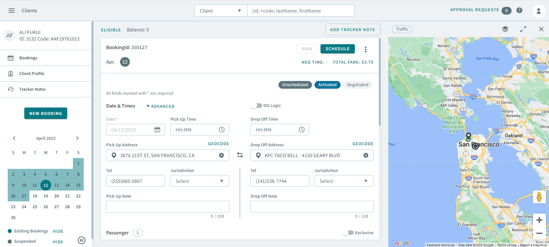 A booking that is opened in the client profile's bookings page