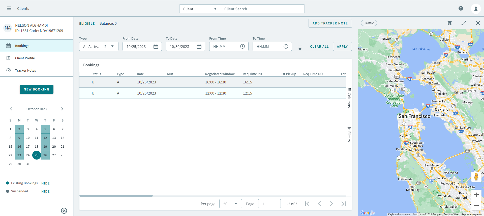 The Bookings page opened inside a client profile.