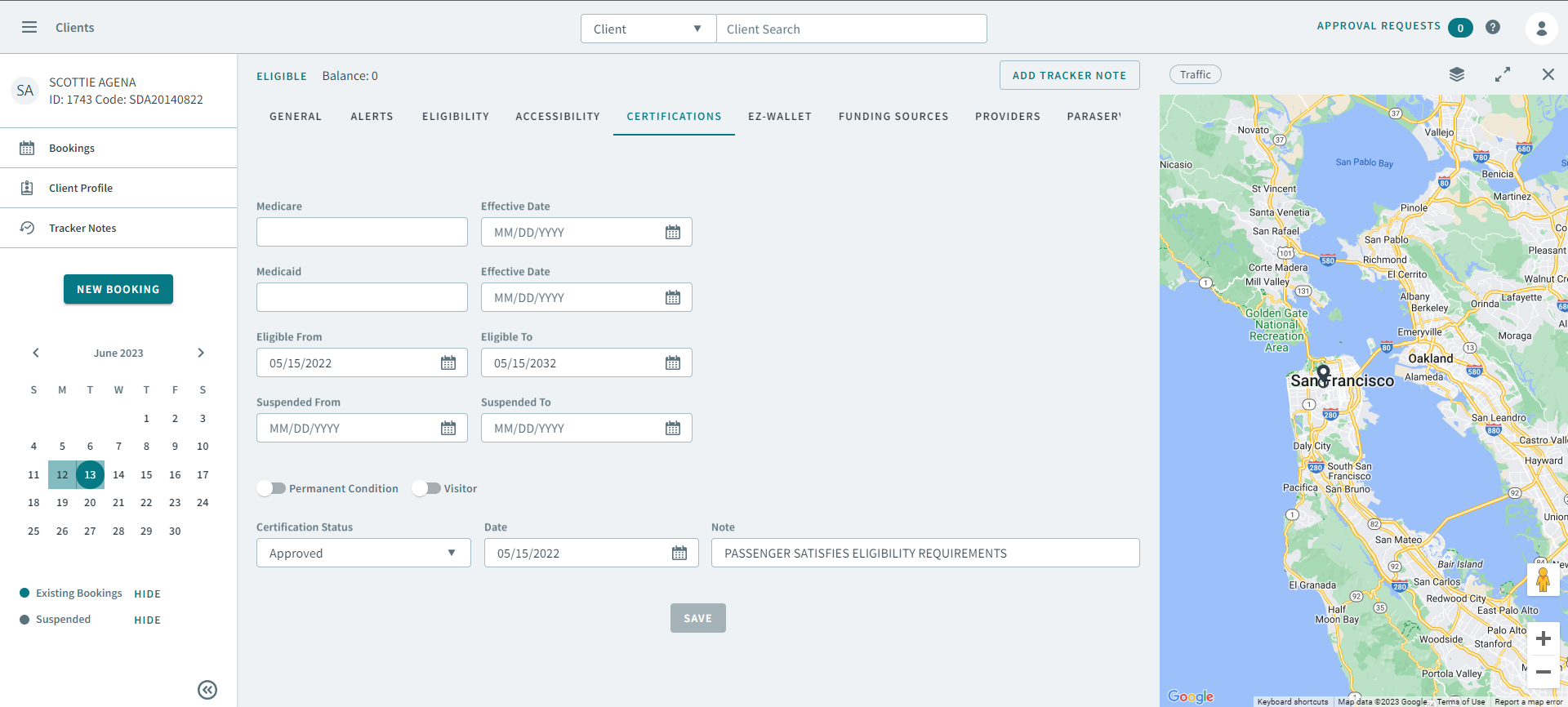 The Certification tab in a client profile.