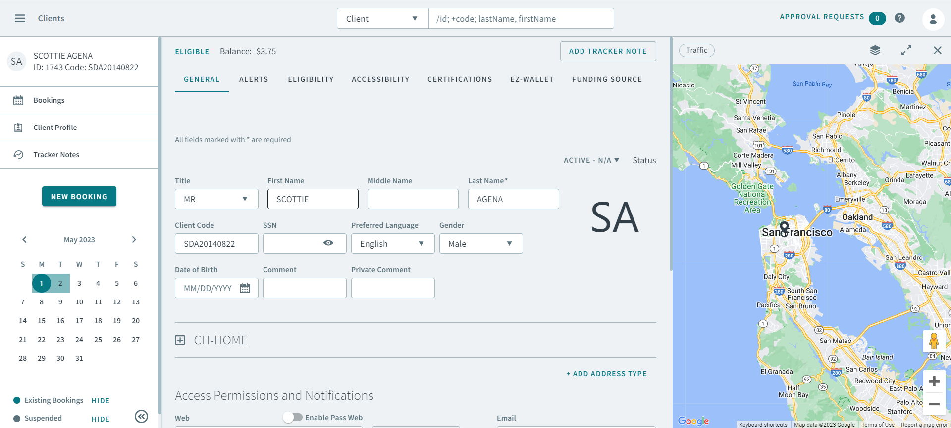 A screenshot of a client profile