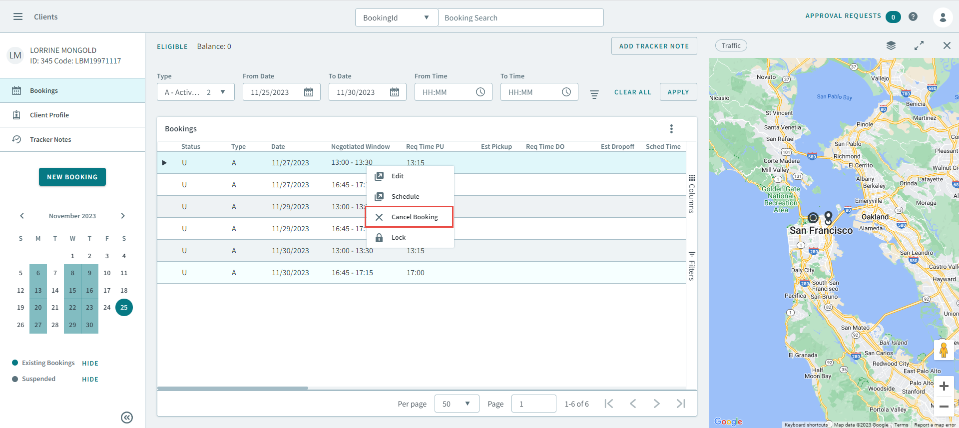 Right-clicking a booking in a client's Bookings page and selecting Cancel from the pop-up menu.