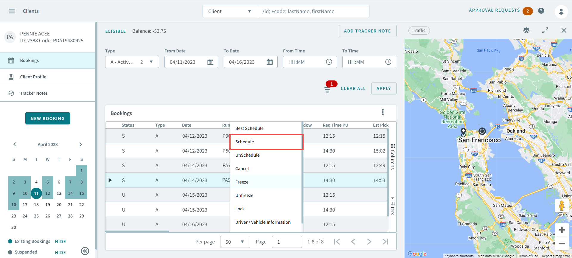 A booking selected in a client profile to be scheduled