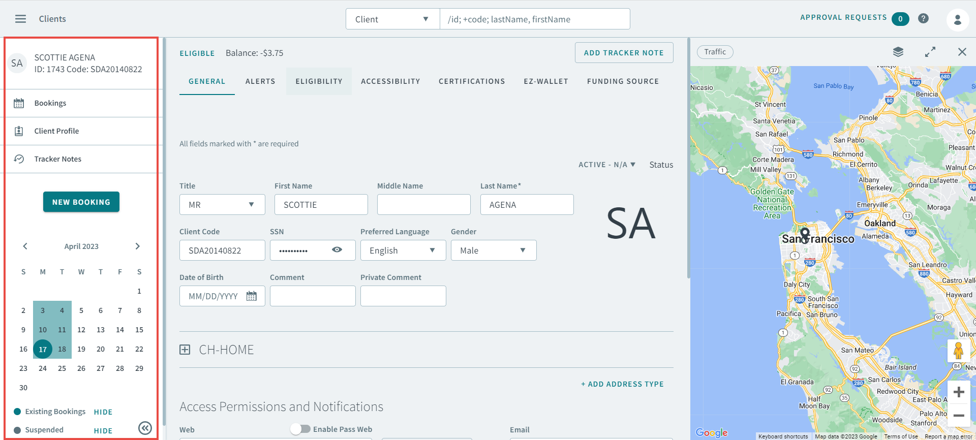 Clients screen with red rectangle box highlighting the side bar.