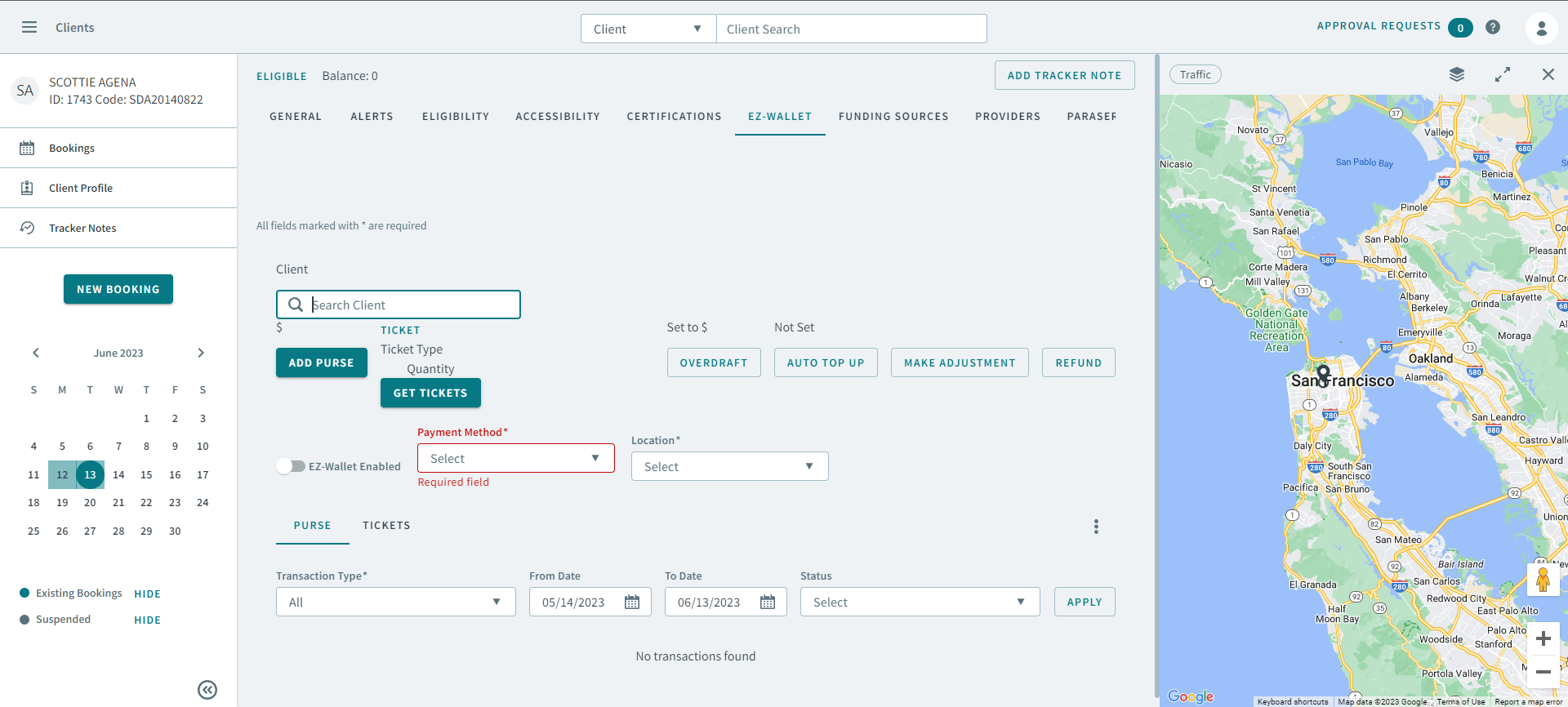 The EZ-Wallet tab opened in a Client profile.