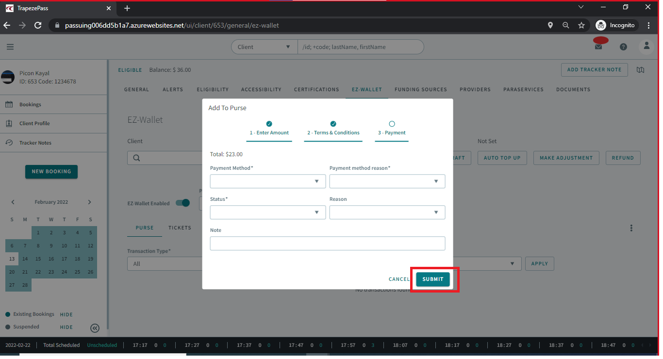 Payment section for the Add To Purse dialog box