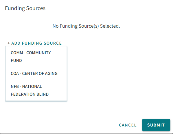 Funding Sources Pop-up Window