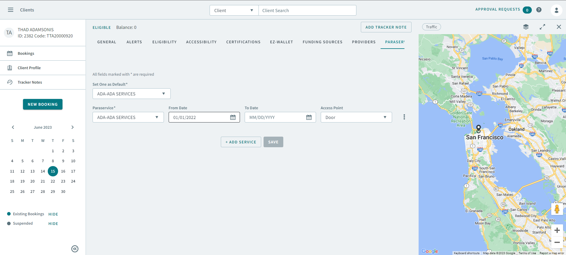 The Paraservices tab in a client profile.