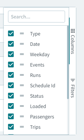 A list of the names of the columns from the grid and a checkbox beside each column name.