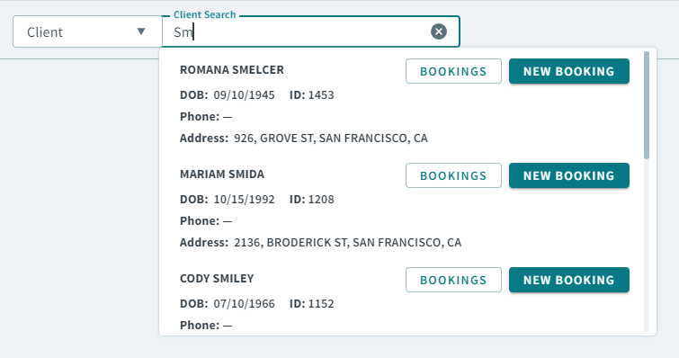 A partial client name typed into the global search.