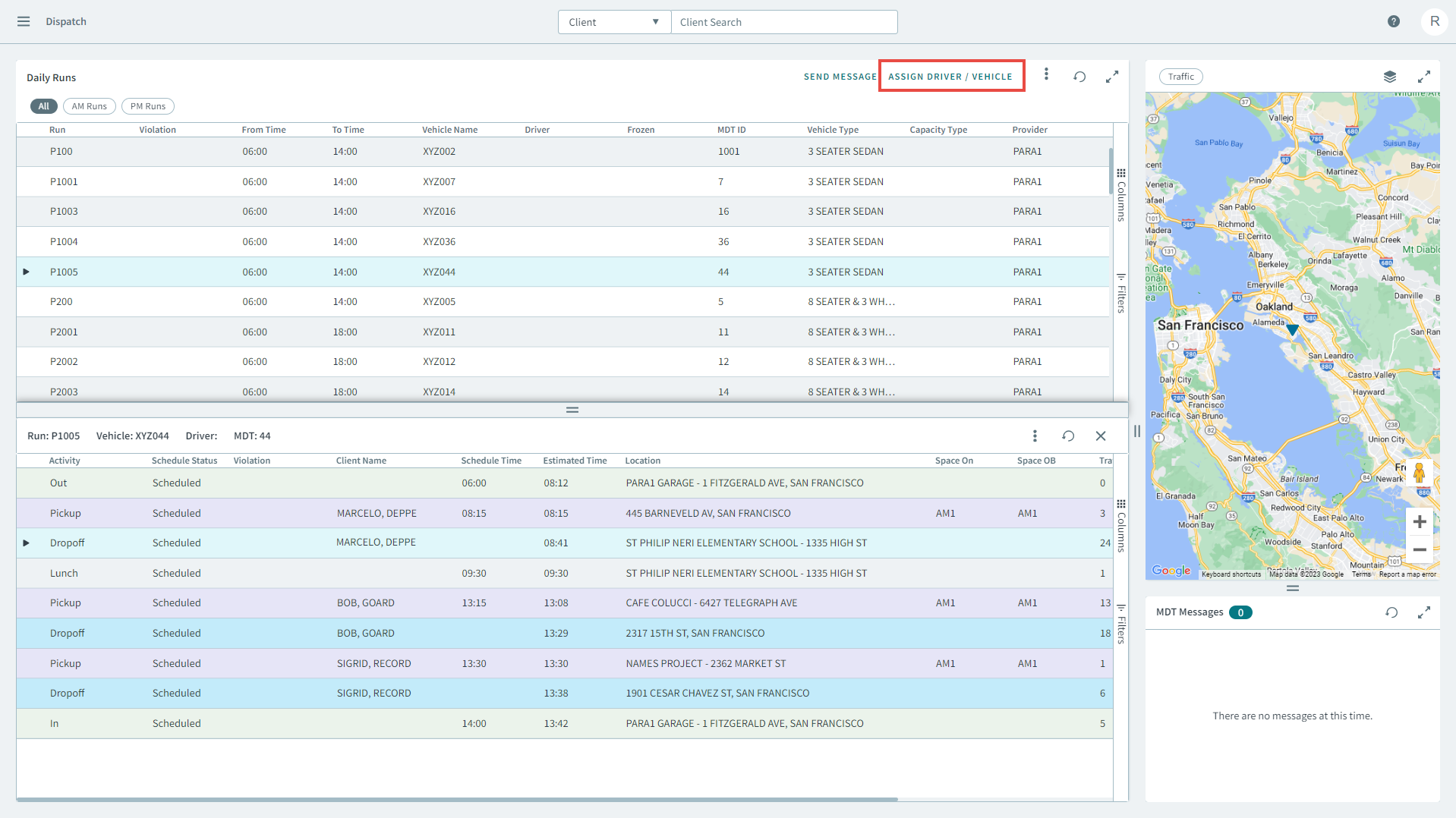 The Assign Driver/Vehicle icon is highlighted by a red rectangle.