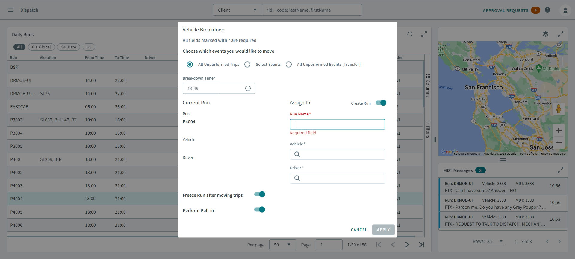 The Create Run toggle is set to on and the Run Name text box is highlighted.