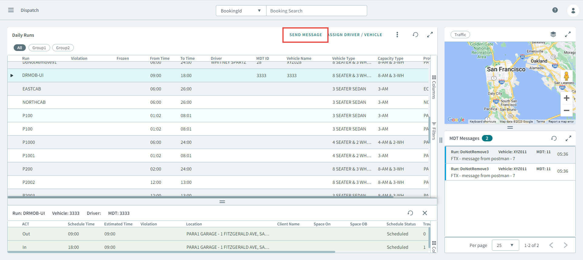 A run is selected and the Send Message button appears on the grid header.