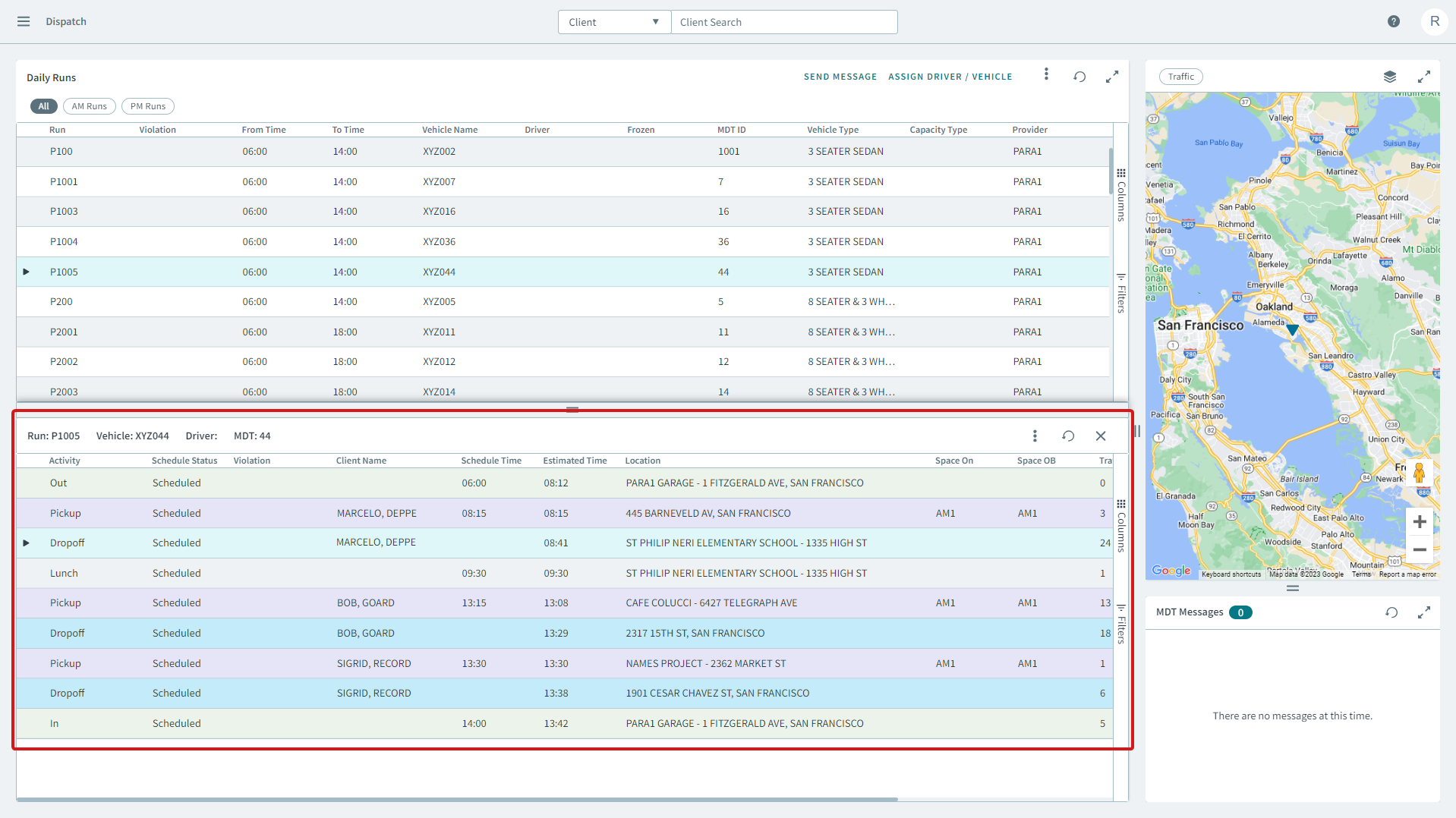 A run selected, thus displaying the run itinerary below in the Dispatch Page.
