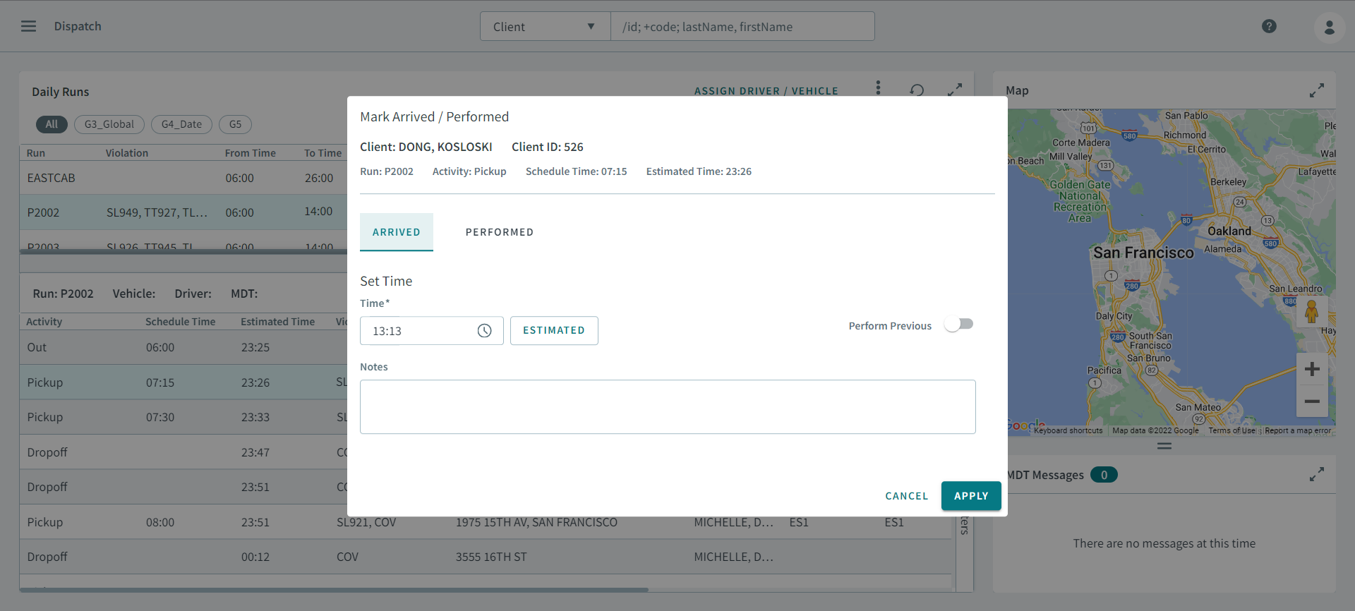 The Arrived tab in the Mark Trip Arrived/Performed dialog box.
