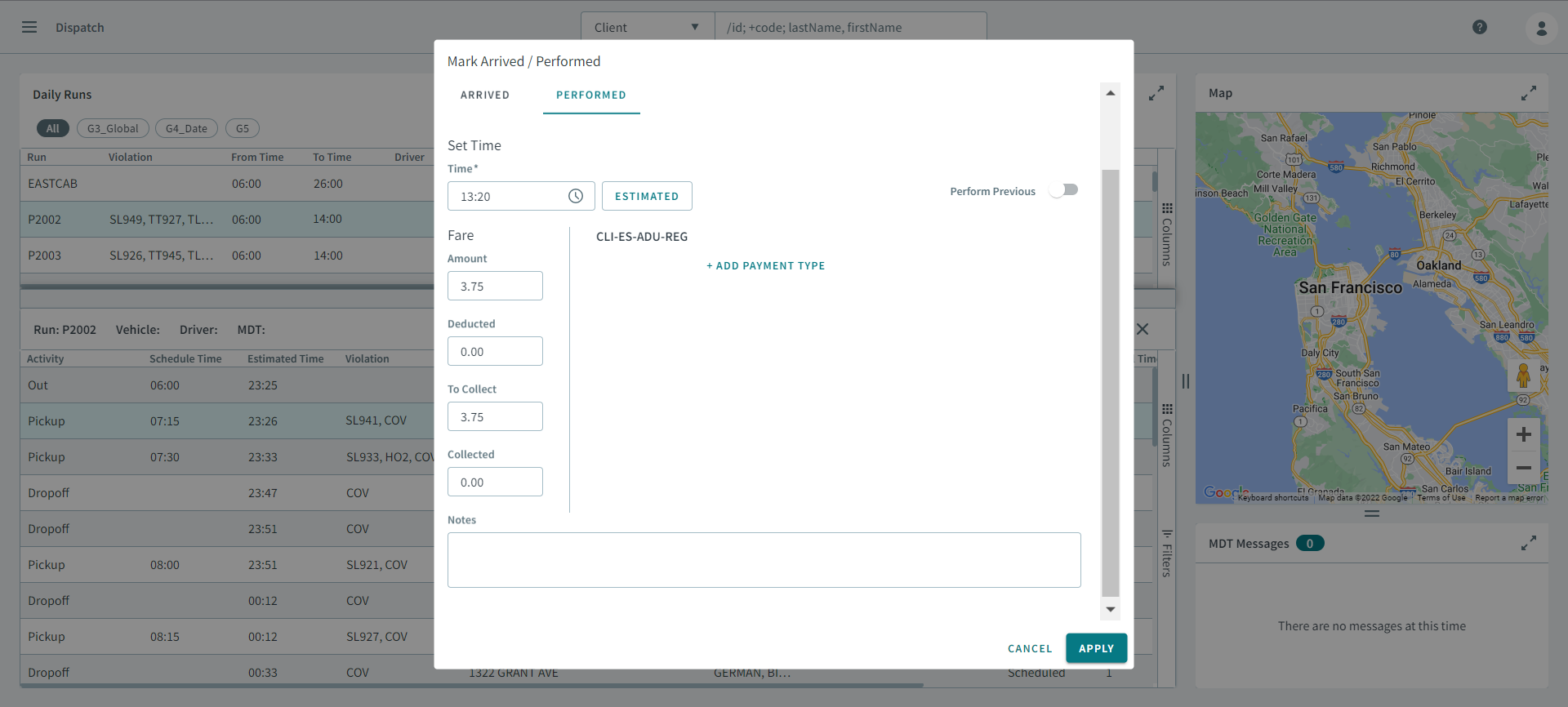 The Performed tab in the Mark Trip Arrived/Performed dialog box.