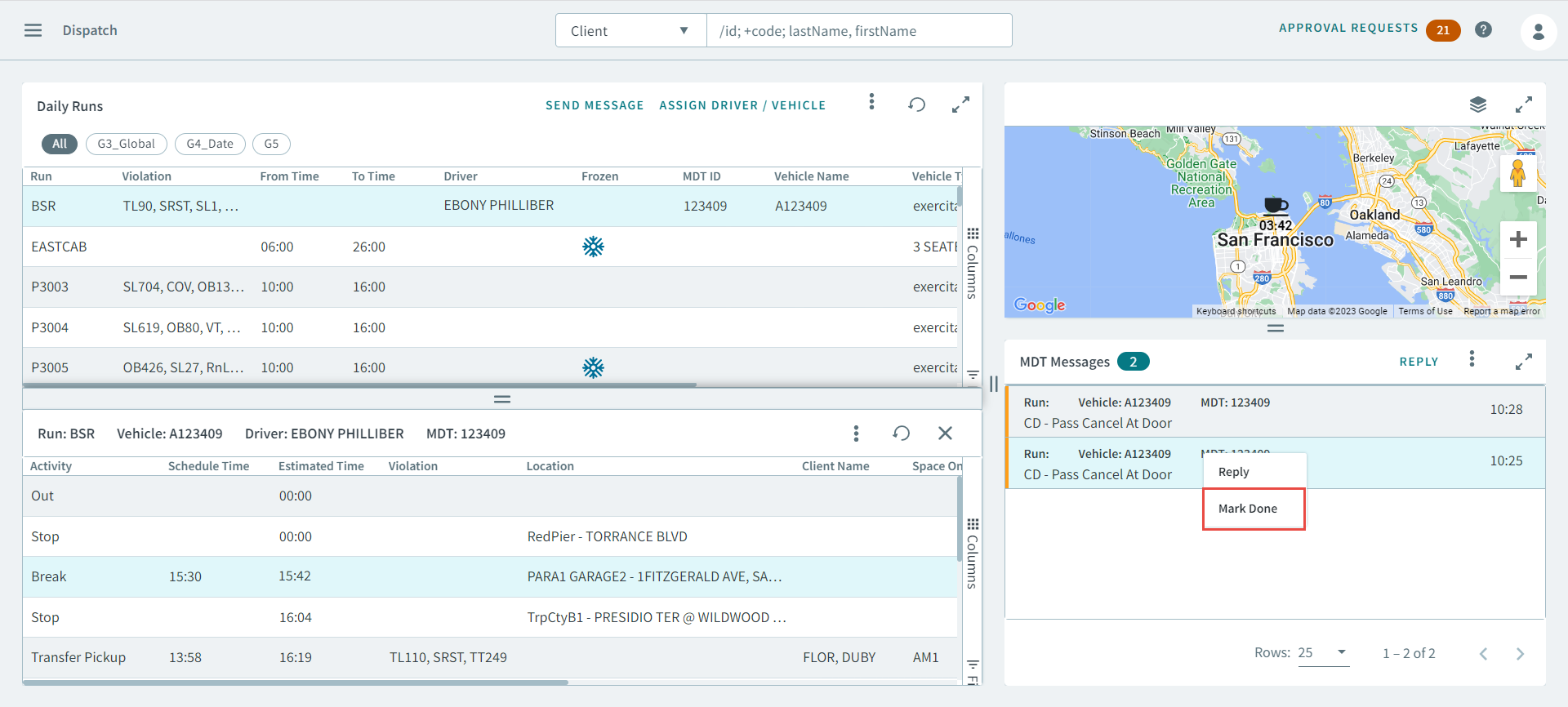 An MDT message is about to be marked as done. A red rectangle highlights the button inside of a pop-up window.