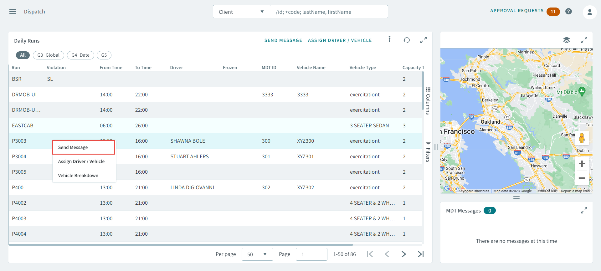 A red rectangle surrounding Send Message in the pop-up window in Dispatch.