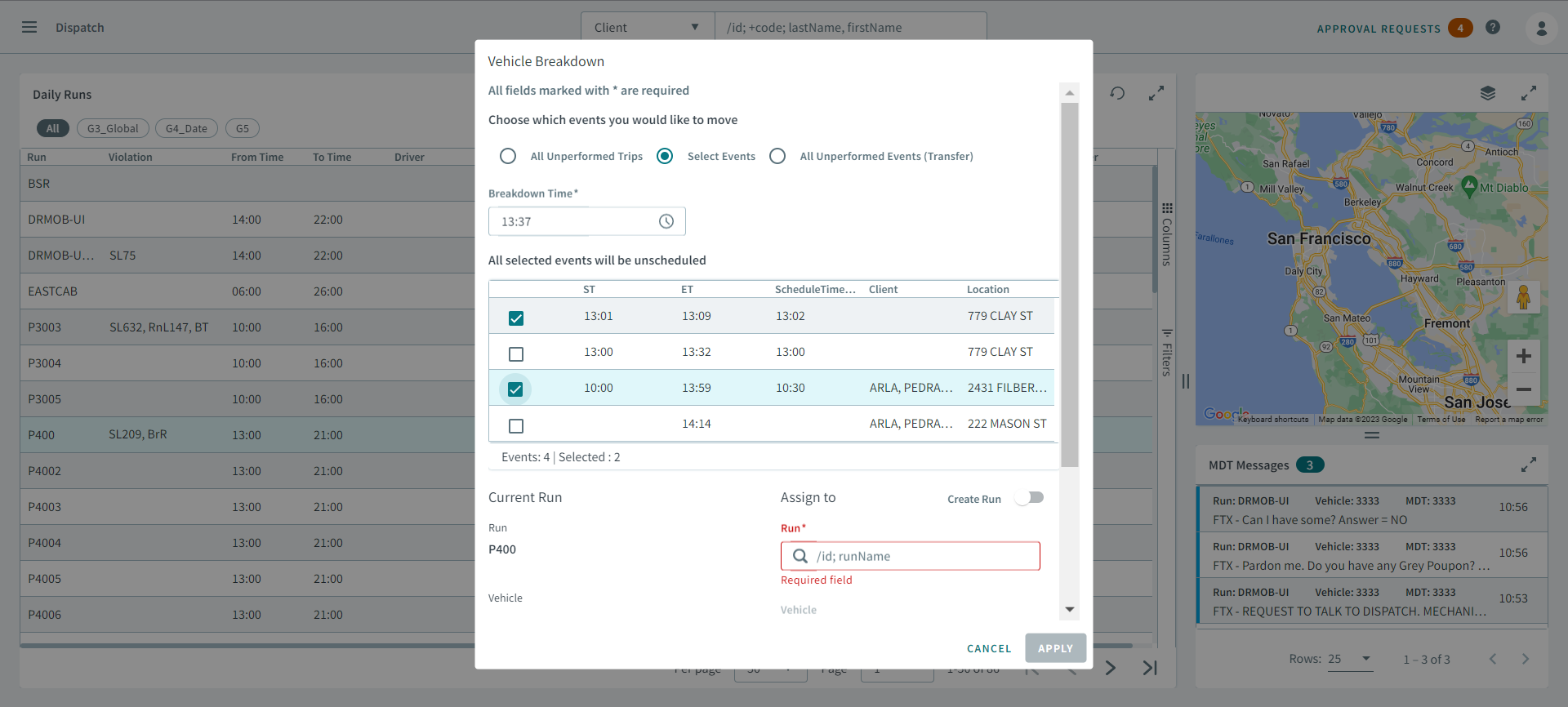 Events that are selected to move in the Vehicle Breakdown dialog box.