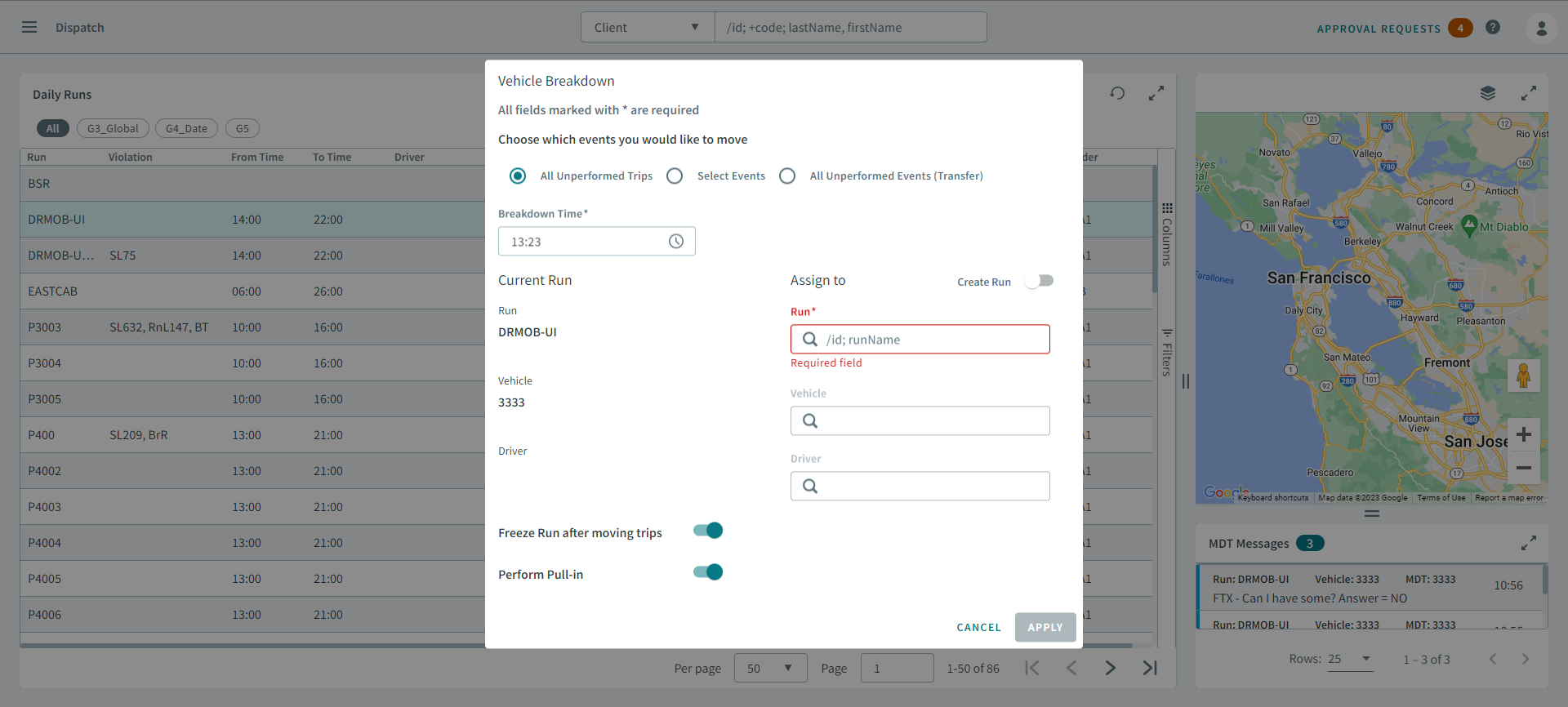 The Vehicle Breakdown dialog box is open.