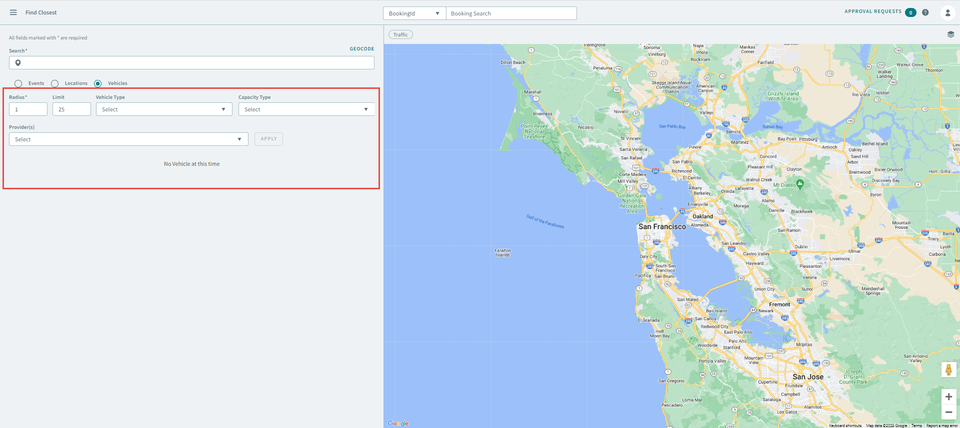 The Find Closest page with the Vehicles option selected and the vehicle options highlighted by a red rectangle.