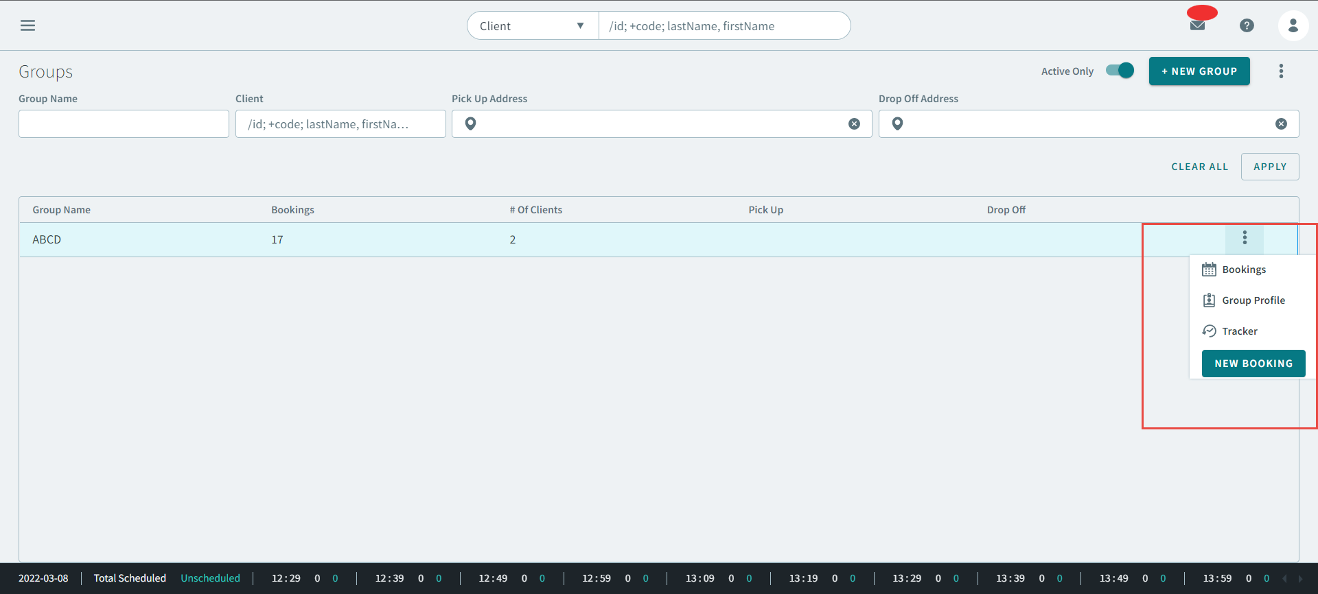 A group result in the Groups page and the groups pop-up menu with a red rectangle surrounding it.