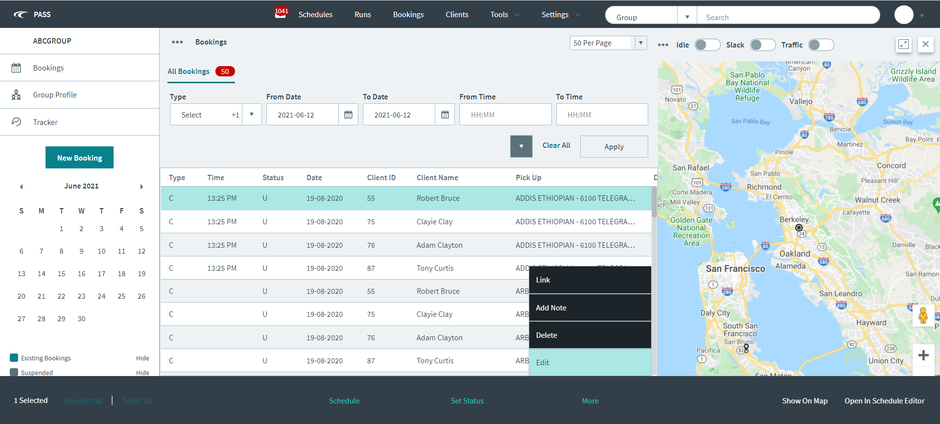 ABC group booking history with Edit selected.