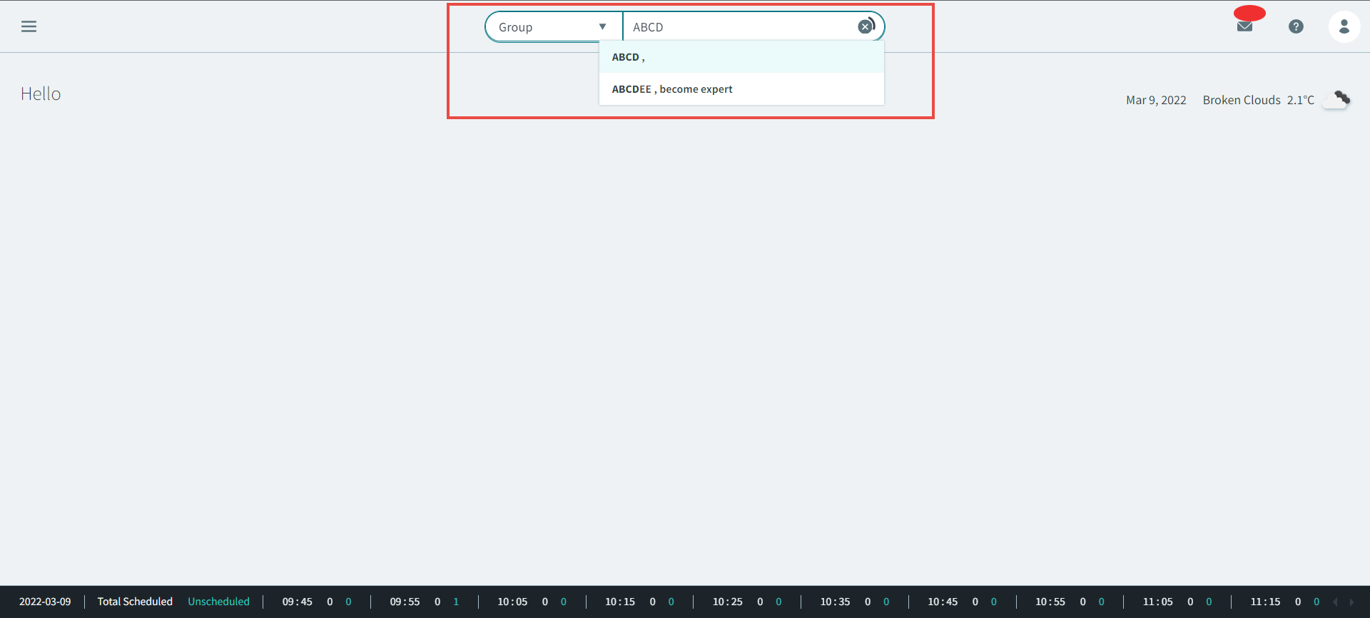 A red rectangle showing a group search result in the global search bar.