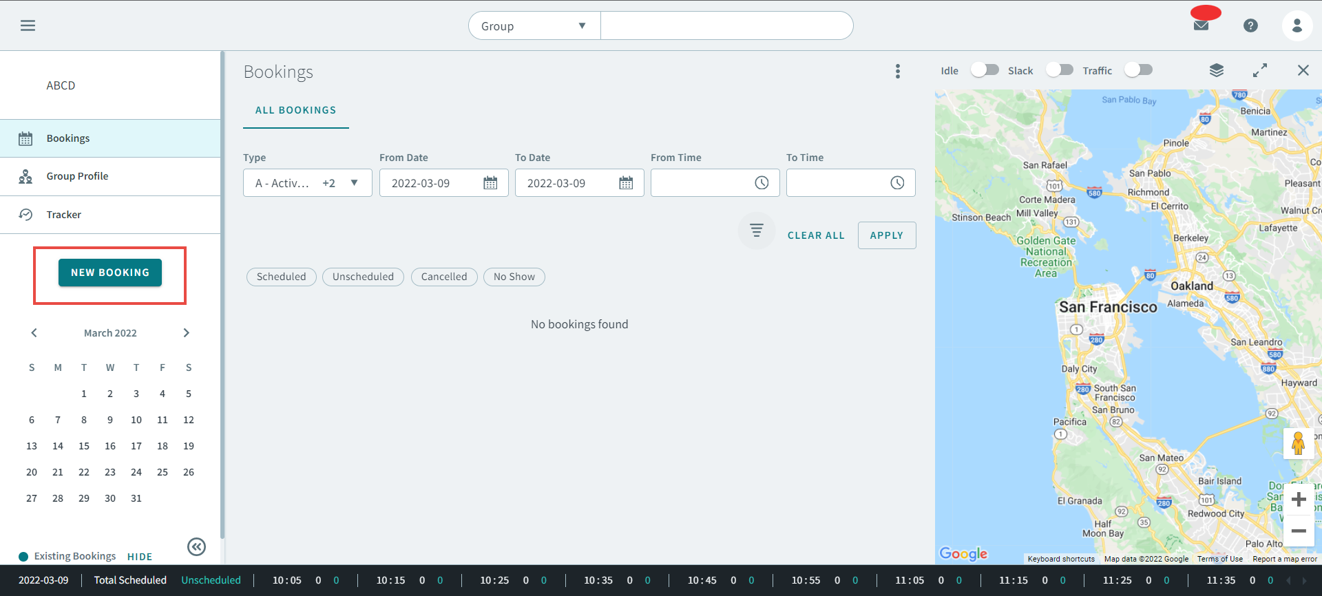 The Group Bookings page with a red rectangle showing where the New Booking button is.