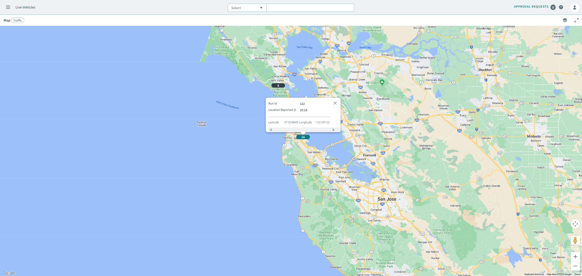 A Run Id pop-up window in the Live Vehicles page.