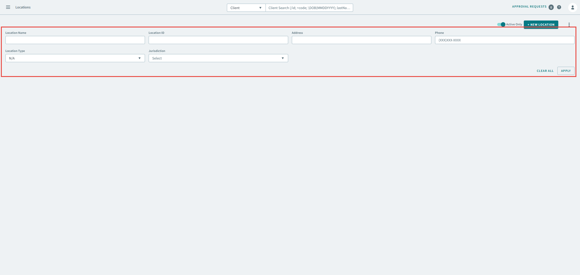 A red rectangle highlighting the search parameters in Locations